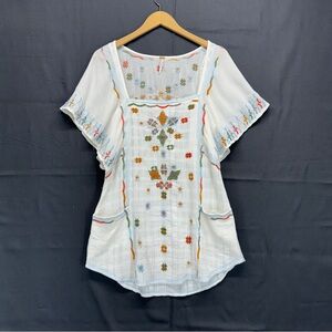 Free People Embroidered Mini Dress Shirt Size Large White Gausy Floral Boho
